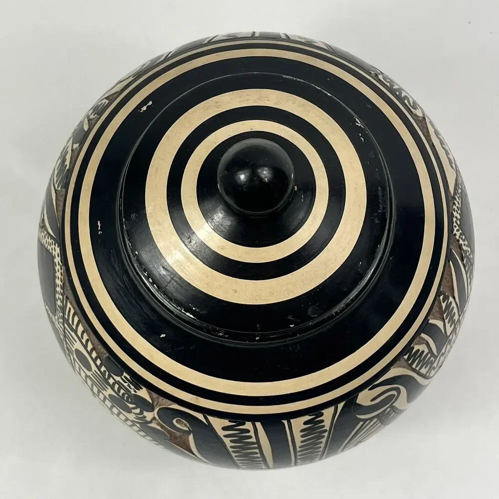 Vintage Sgraffito Pottery Lidded Jar Hand Carved Unique Handmade Black Tan Decor